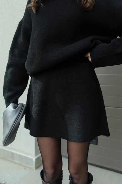 Black Sweater Skirt Set – Oversized Winter Mini Two-Piece