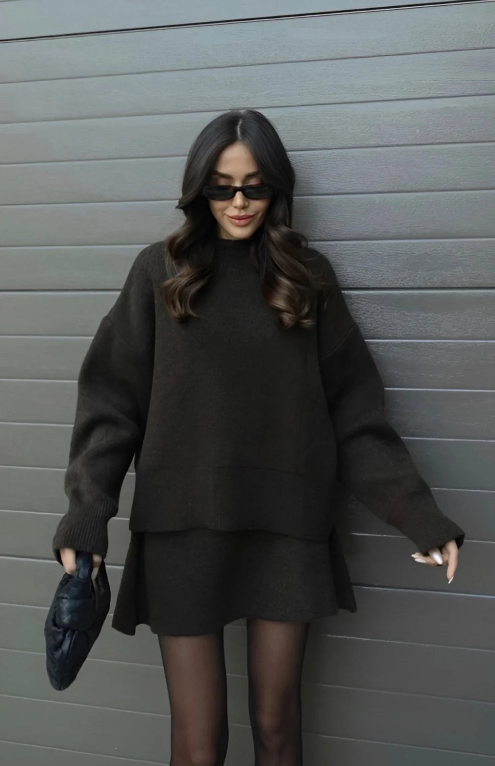 Black Sweater Skirt Set – Oversized Winter Mini Two-Piece - Brown