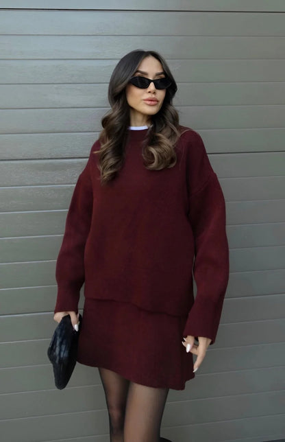 Black Sweater Skirt Set – Oversized Winter Mini Two-Piece - Burgundy