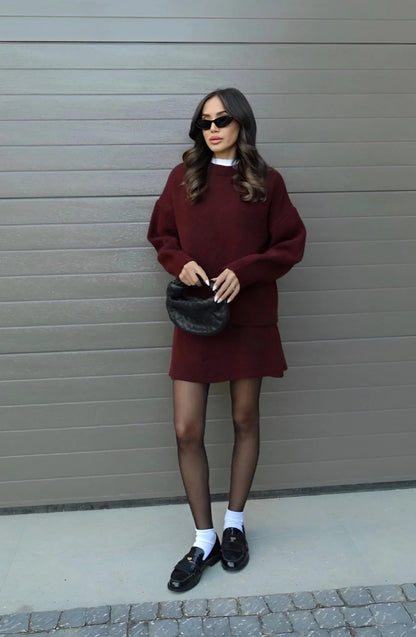 Black Sweater Skirt Set – Oversized Winter Mini Two-Piece