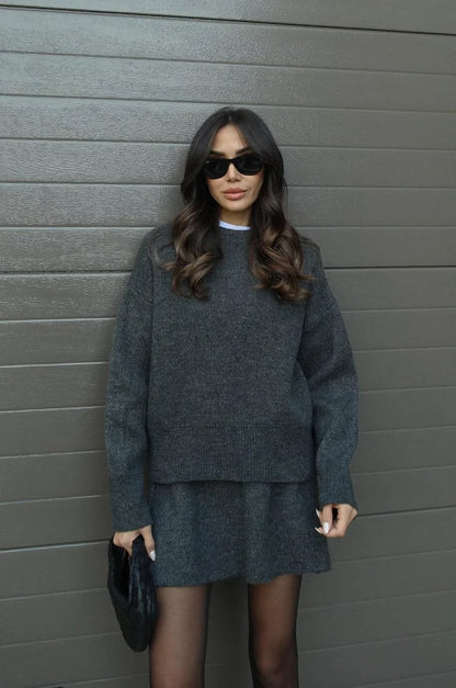 Black Sweater Skirt Set – Oversized Winter Mini Two-Piece - Grey