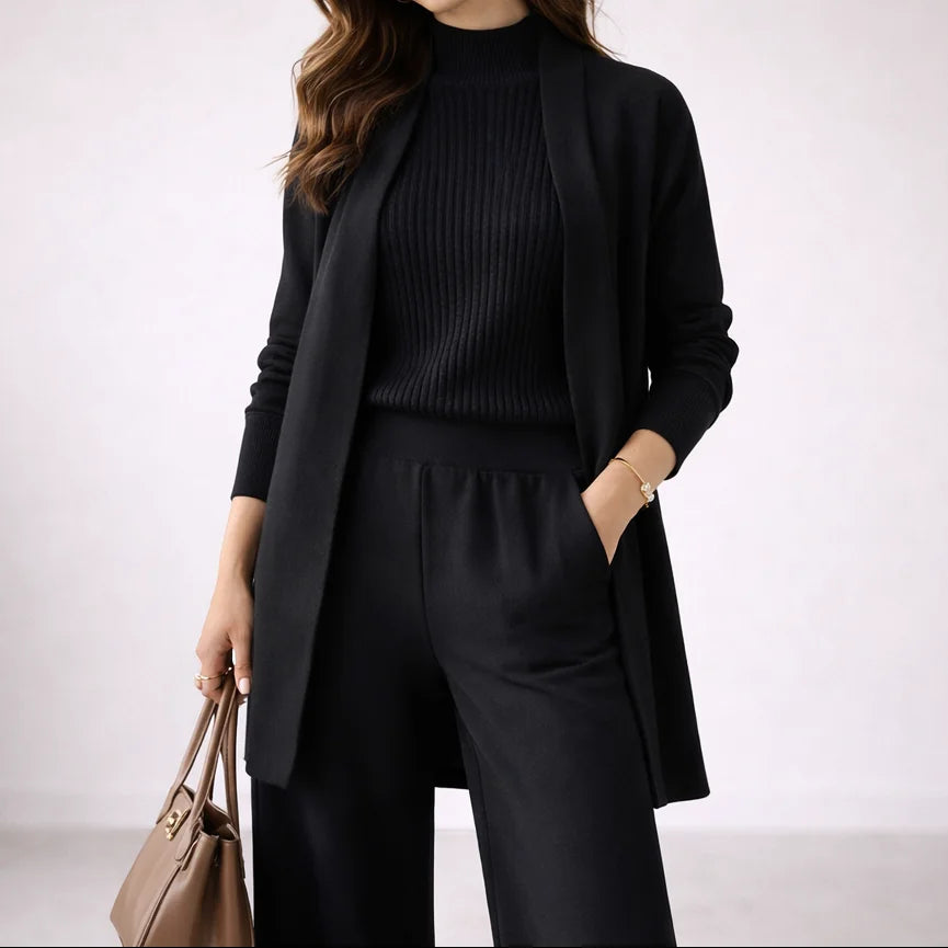 Black Three-Piece Pant Set – Long Cardigan Winter Lounge - Black