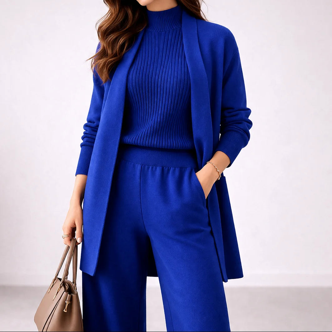 Black Three-Piece Pant Set – Long Cardigan Winter Lounge - Blue
