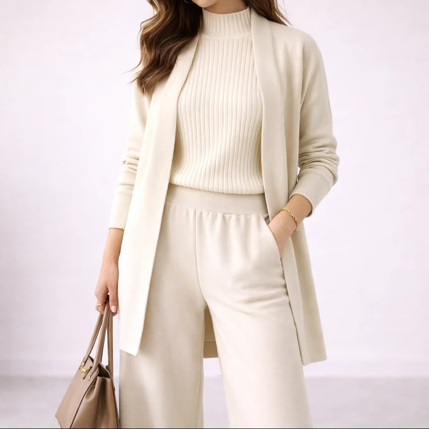 Black Three-Piece Pant Set – Long Cardigan Winter Lounge - White