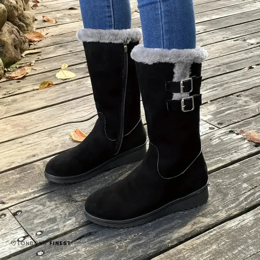 Black Winter Boots – Mid-Calf Plush Cuff Double Buckle - Black