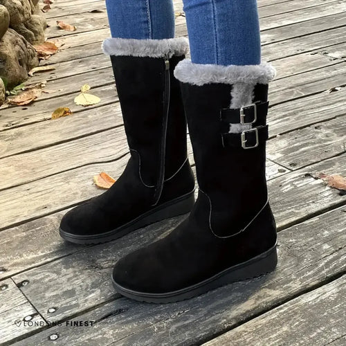 Black Winter Boots – Mid-Calf Plush Cuff Double Buckle
