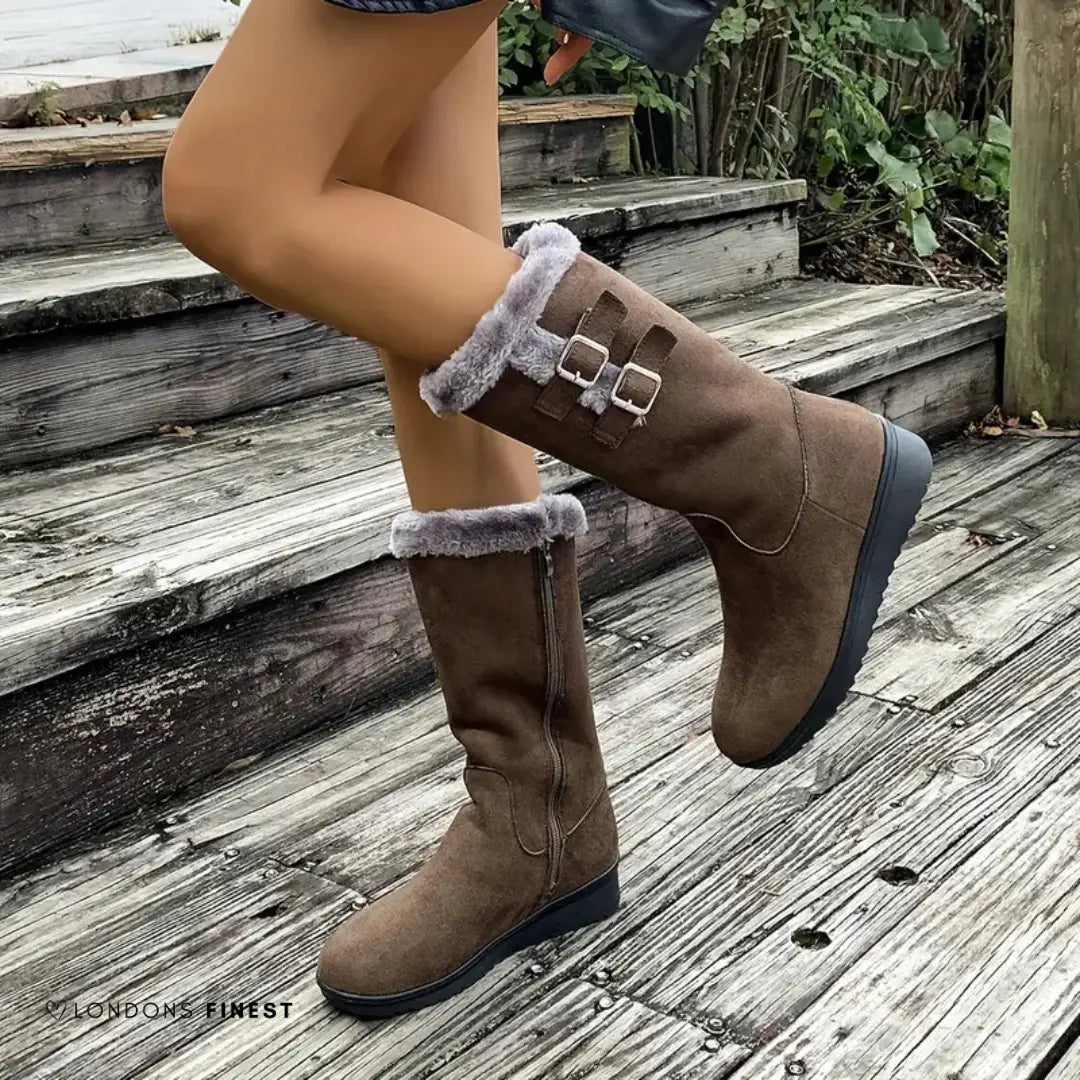 Black Winter Boots – Mid-Calf Plush Cuff Double Buckle - Coffee