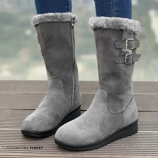 Black Winter Boots – Mid-Calf Plush Cuff Double Buckle - Grey