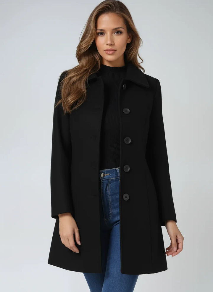 Black Winter Coat – Button Front Tailored A-Line - Black