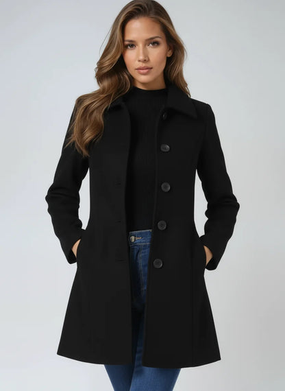 Black Winter Coat – Button Front Tailored A-Line