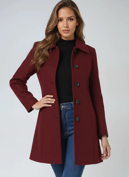 Black Winter Coat – Button Front Tailored A-Line - Dark Red