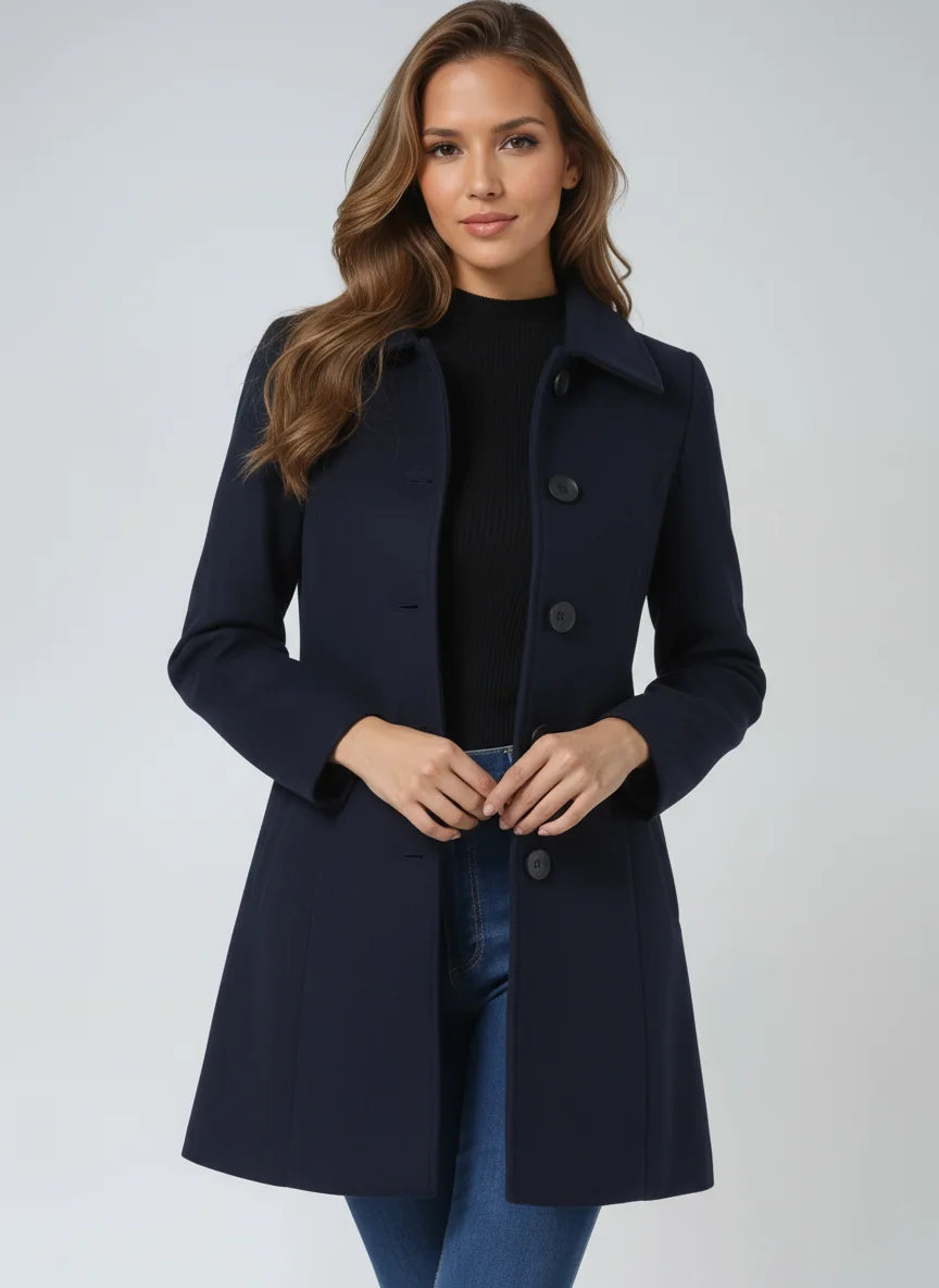 Black Winter Coat – Button Front Tailored A-Line - Navy