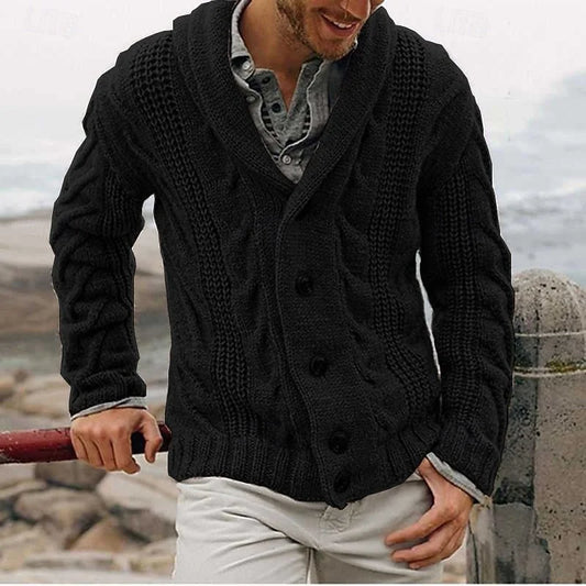 Grey Men's Shawl Collar Cardigan – Cable Button Front Winter - Black