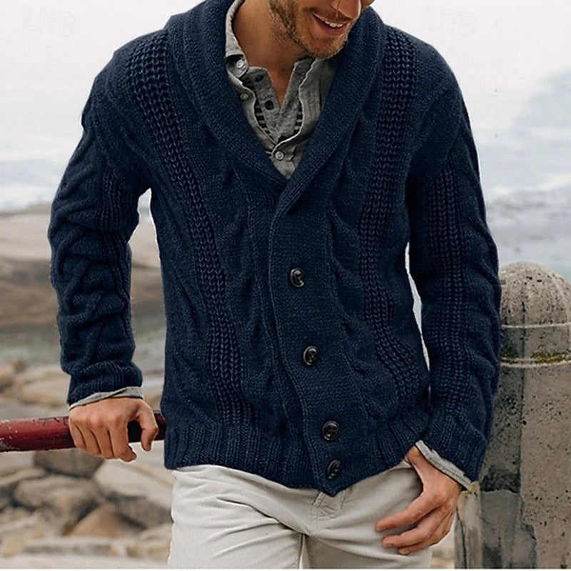 Grey Men's Shawl Collar Cardigan – Cable Button Front Winter - Blue