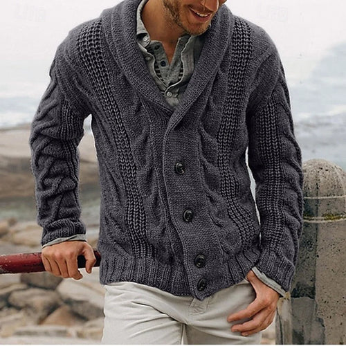 Grey Men's Shawl Collar Cardigan – Cable Button Front Winter