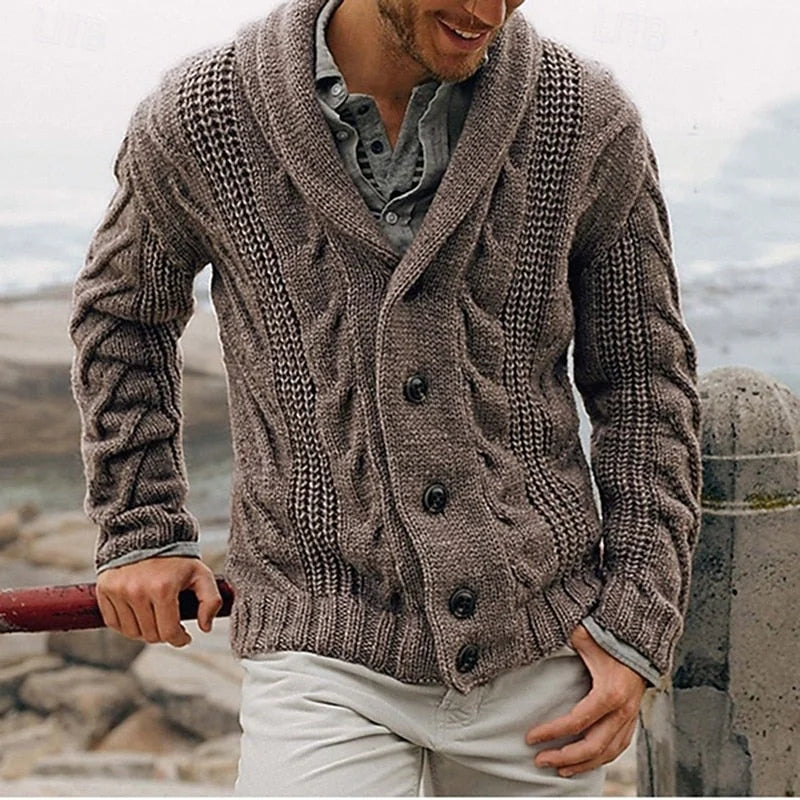 Grey Men's Shawl Collar Cardigan – Cable Button Front Winter - Khaki