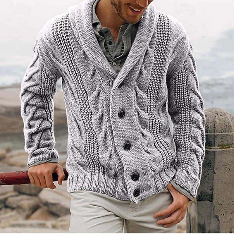 Grey Men's Shawl Collar Cardigan – Cable Button Front Winter - Light Grey