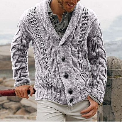 Grey Men's Shawl Collar Cardigan – Cable Button Front Winter - Light Grey