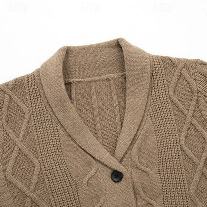 Grey Men's Shawl Collar Cardigan – Cable Button Front Winter