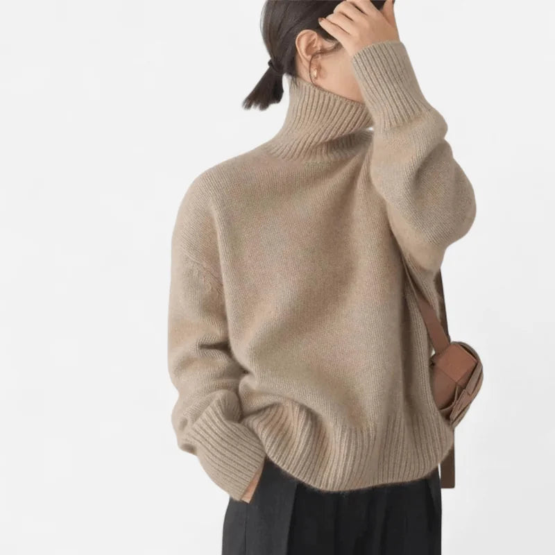 Grey Turtleneck Sweater – Oversized Roll-Neck Winter - Khaki
