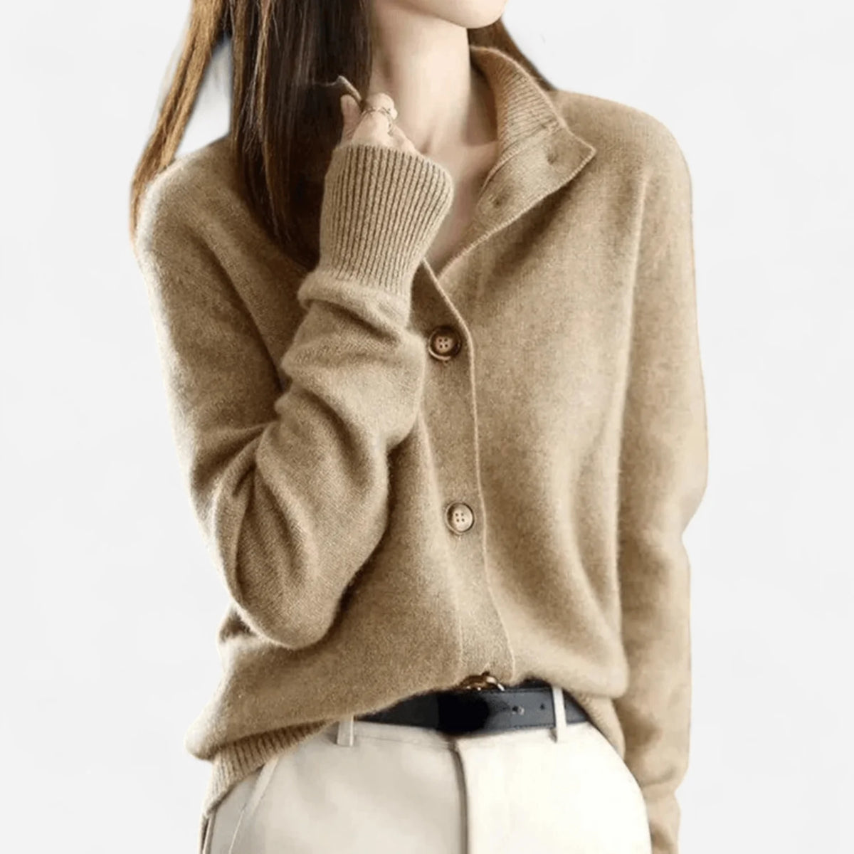 Navy Women's Cardigan – Button Front Polo Collar Winter - Khaki