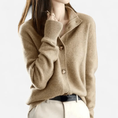Navy Women's Cardigan – Button Front Polo Collar Winter - Khaki