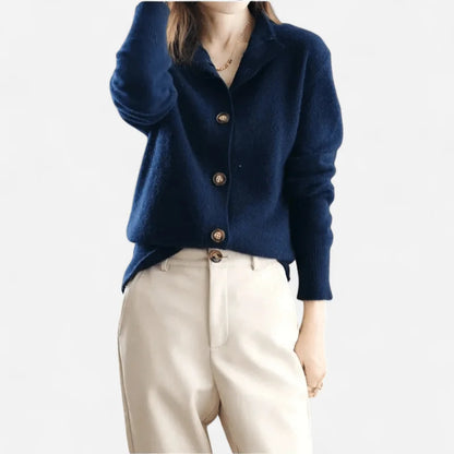 Navy Women's Cardigan – Button Front Polo Collar Winter - Navy