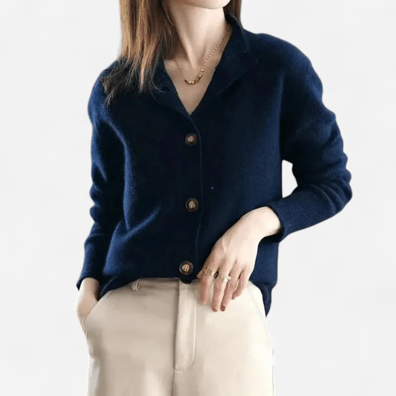 Navy Women's Cardigan – Button Front Polo Collar Winter