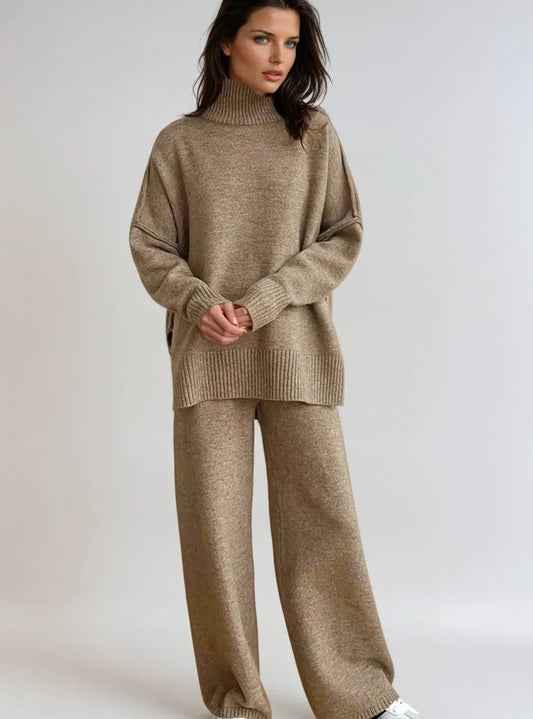 Red Turtleneck Pant Set – Oversized Sweater Wide-Leg Winter - Beige