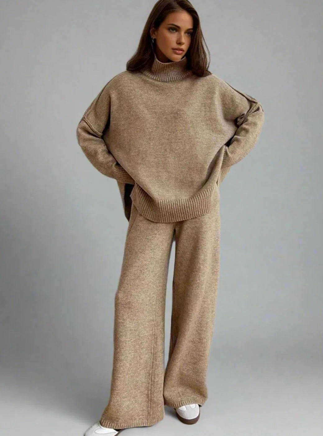 Red Turtleneck Pant Set – Oversized Sweater Wide-Leg Winter