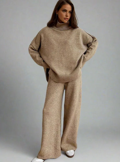 Red Turtleneck Pant Set – Oversized Sweater Wide-Leg Winter
