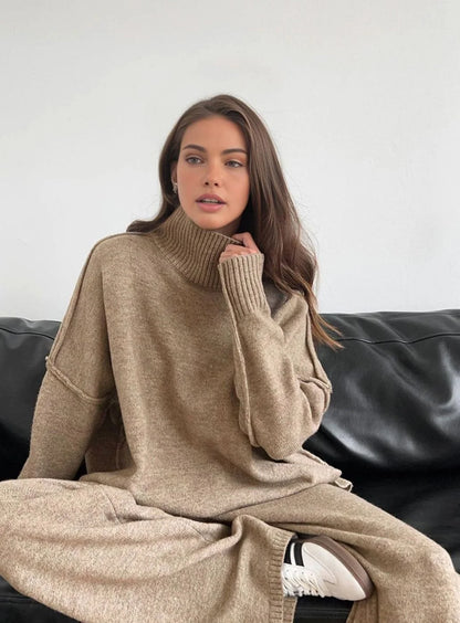 Red Turtleneck Pant Set – Oversized Sweater Wide-Leg Winter