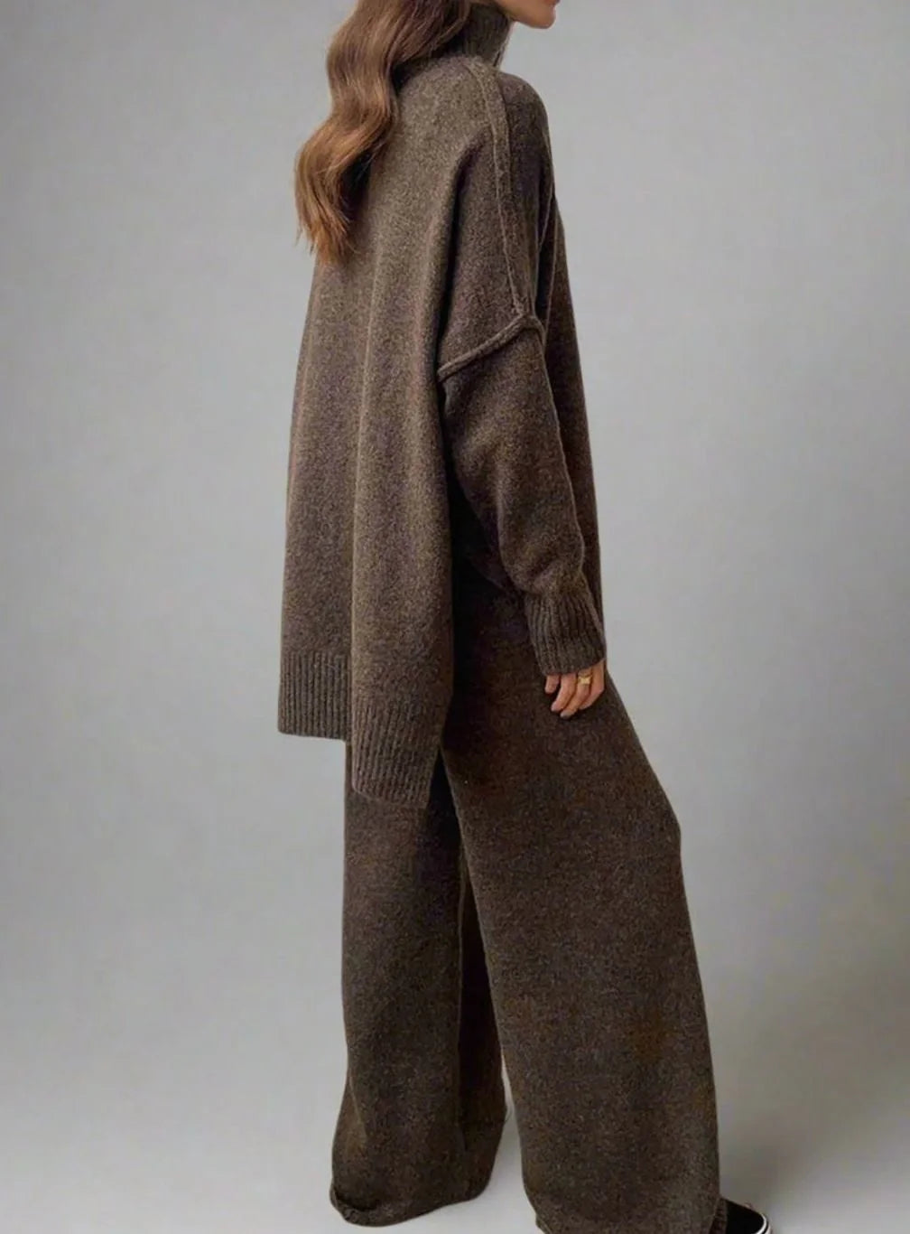 Red Turtleneck Pant Set – Oversized Sweater Wide-Leg Winter - Brown