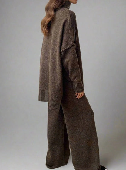 Red Turtleneck Pant Set – Oversized Sweater Wide-Leg Winter - Brown