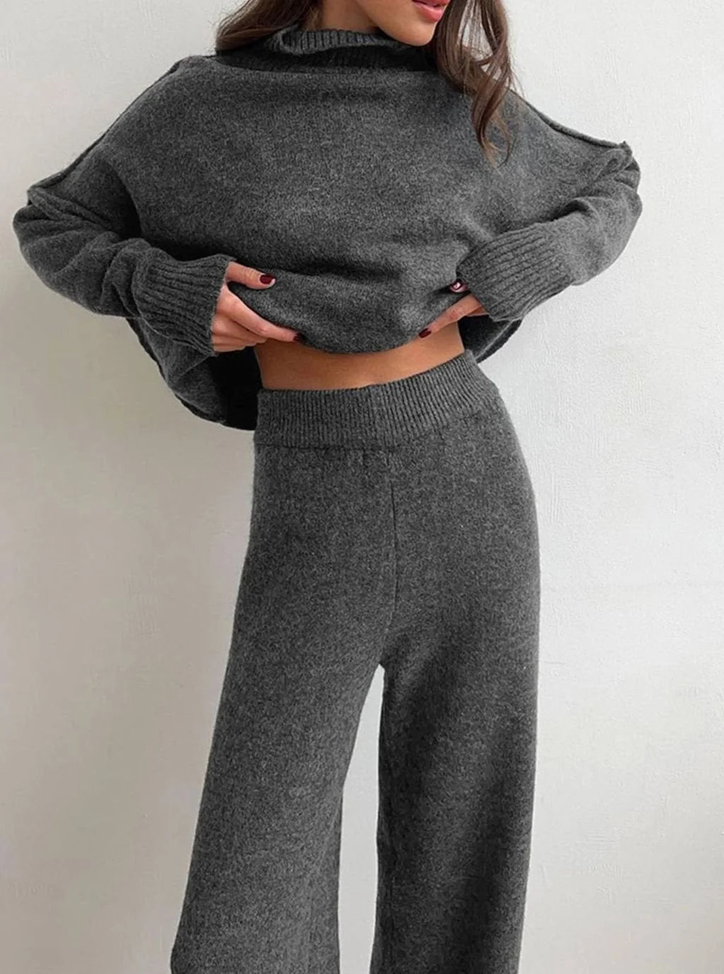 Red Turtleneck Pant Set – Oversized Sweater Wide-Leg Winter - Grey