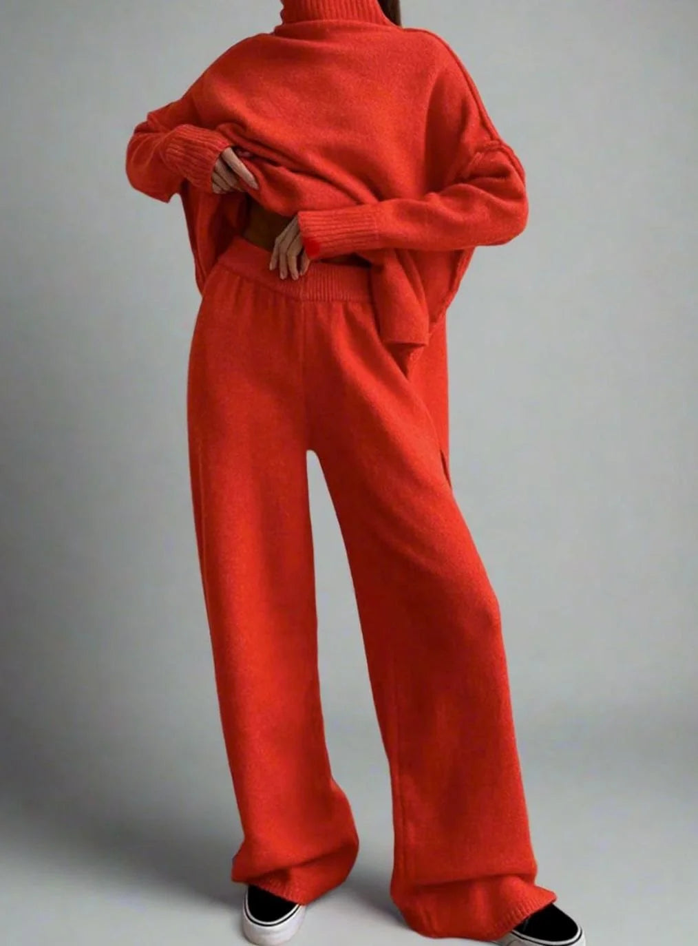 Red Turtleneck Pant Set – Oversized Sweater Wide-Leg Winter - Red