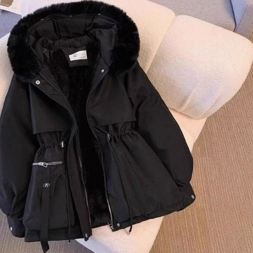 Black Coat with Fur Hood – Fleece-Lined Drawstring Winter