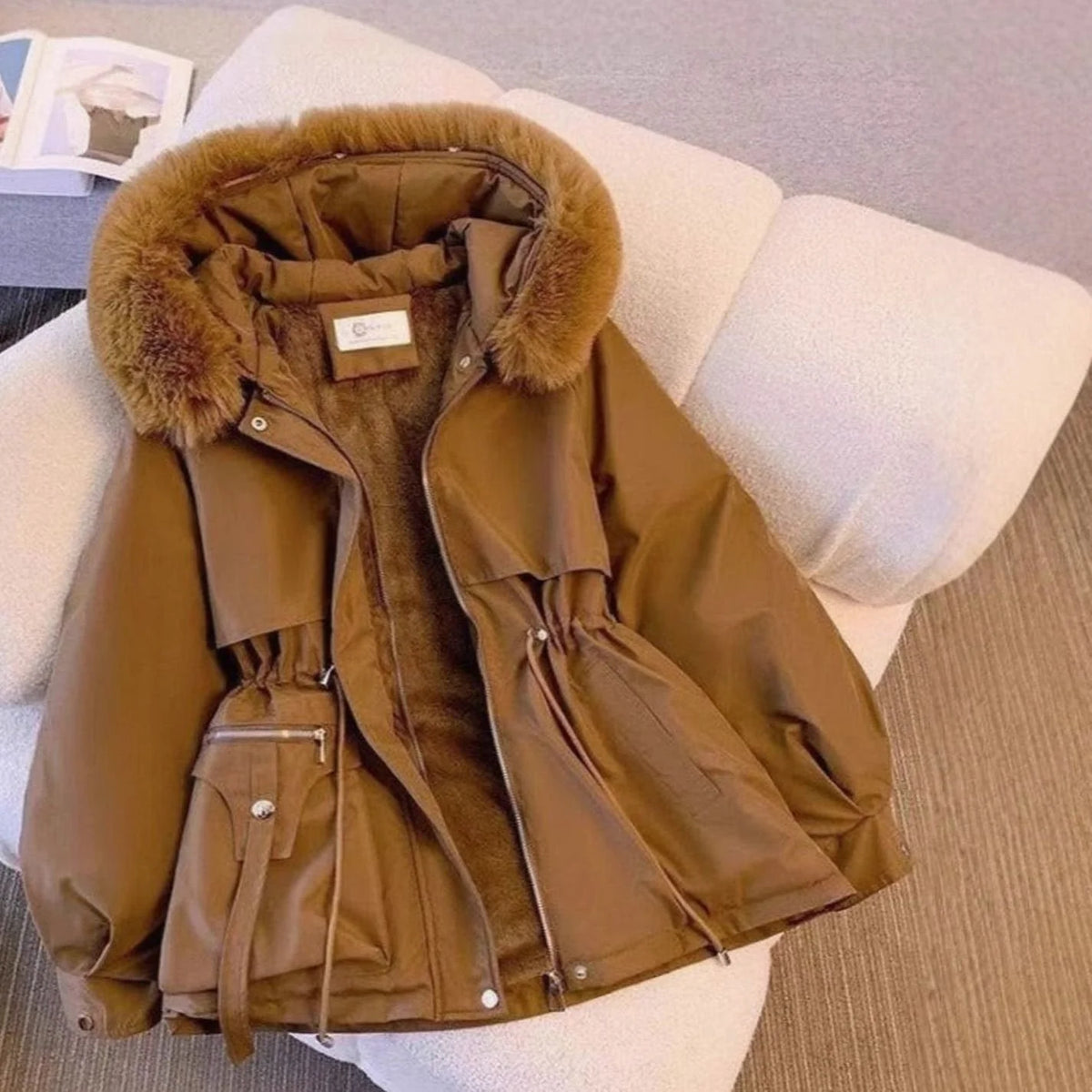 Black Coat with Fur Hood – Fleece-Lined Drawstring Winter - Brown