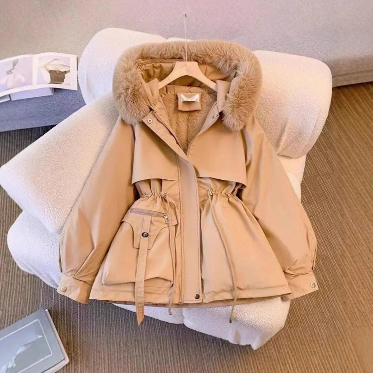Black Coat with Fur Hood – Fleece-Lined Drawstring Winter - Khaki
