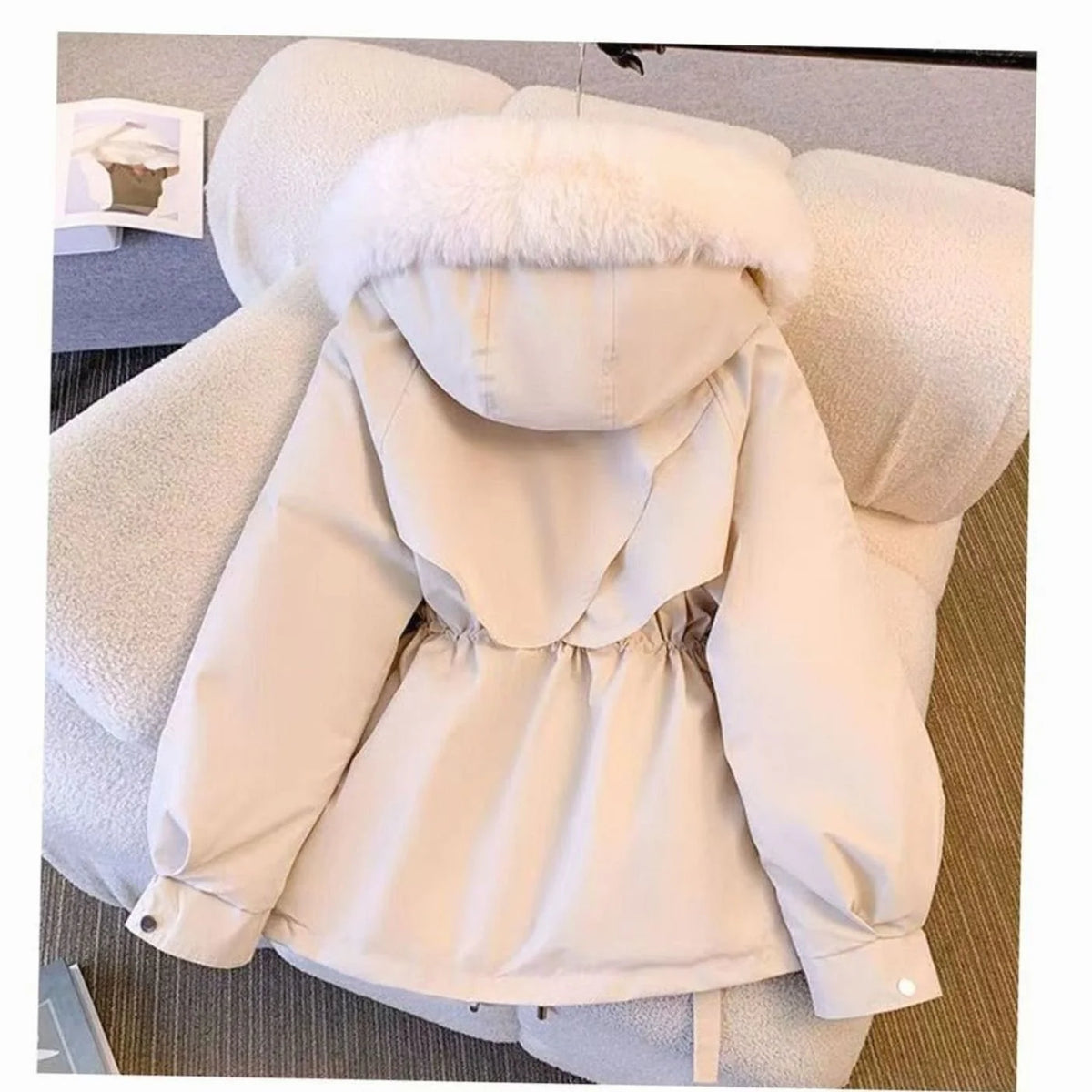 Black Coat with Fur Hood – Fleece-Lined Drawstring Winter - White