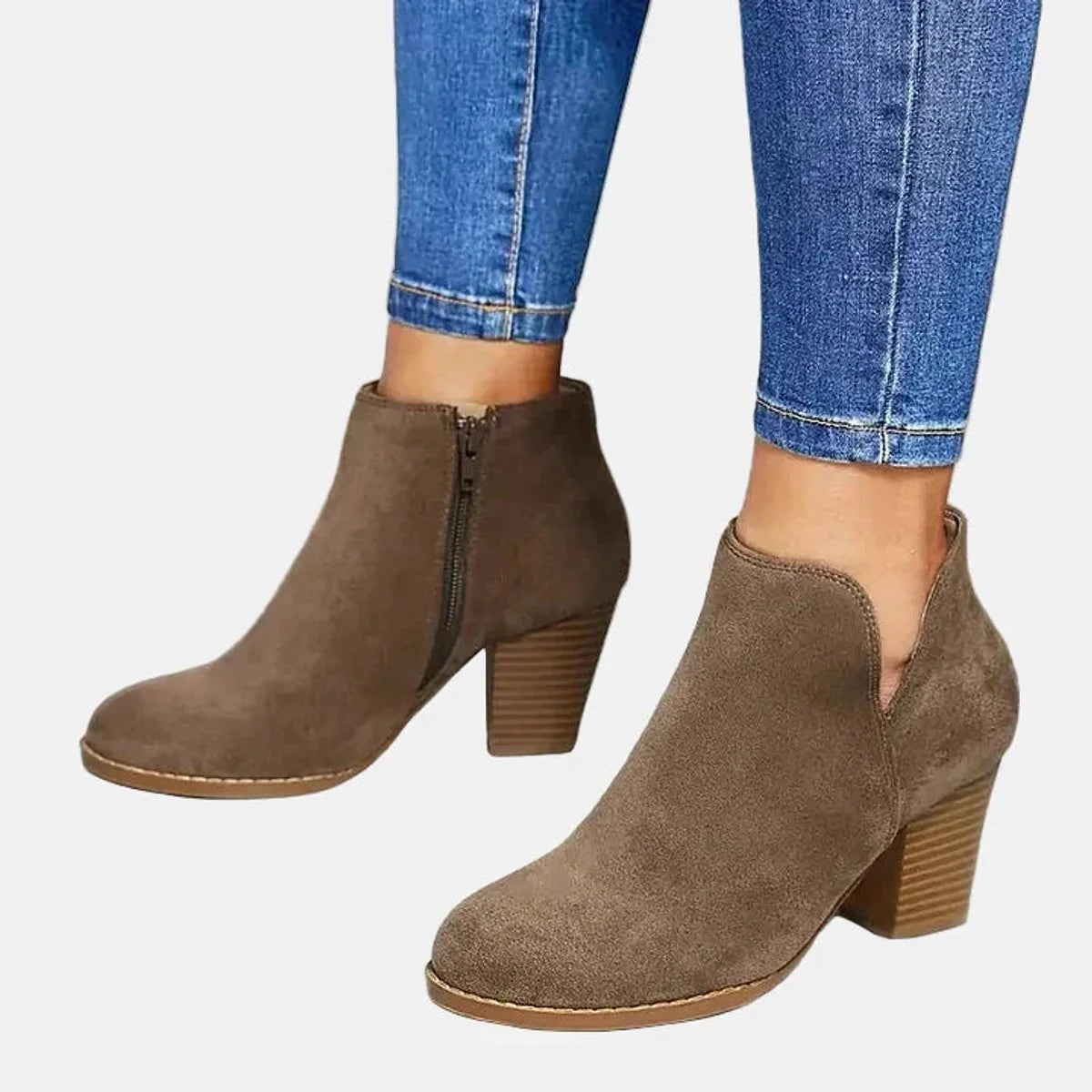 Black Heeled Ankle Boots – Suede Block Heel Side Zip - Beige