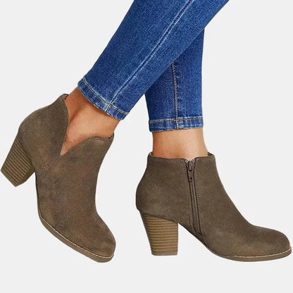 Black Heeled Ankle Boots – Suede Block Heel Side Zip