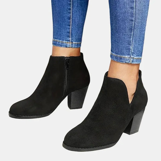 Black Heeled Ankle Boots – Suede Block Heel Side Zip - Black