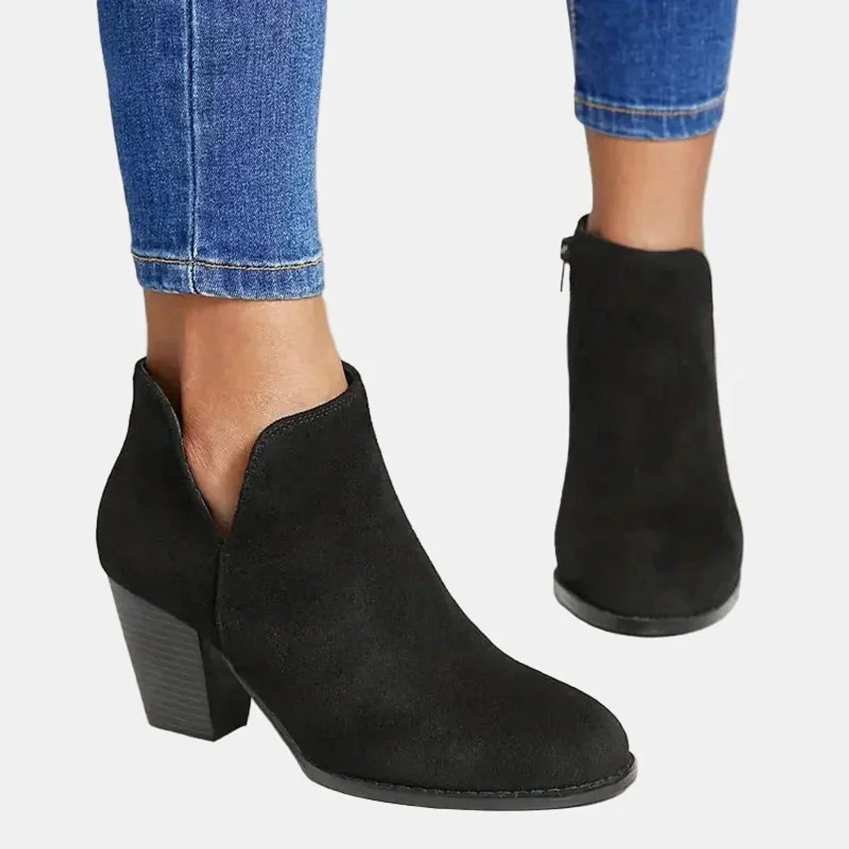 Black Heeled Ankle Boots – Suede Block Heel Side Zip