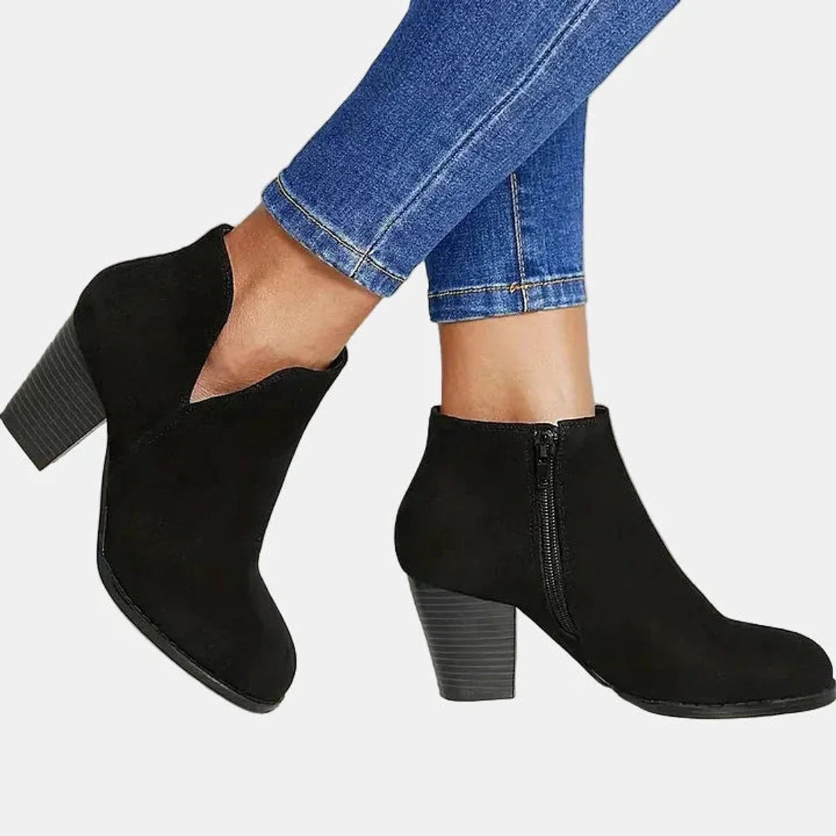 Black Heeled Ankle Boots – Suede Block Heel Side Zip