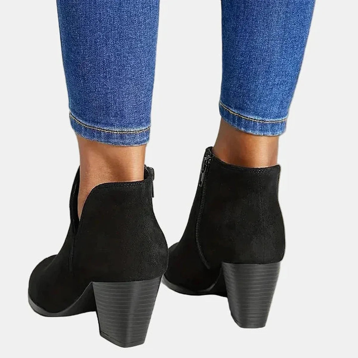 Black Heeled Ankle Boots – Suede Block Heel Side Zip