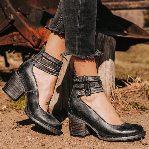 Black Heeled Boots – Double Strap Ankle Block Heel