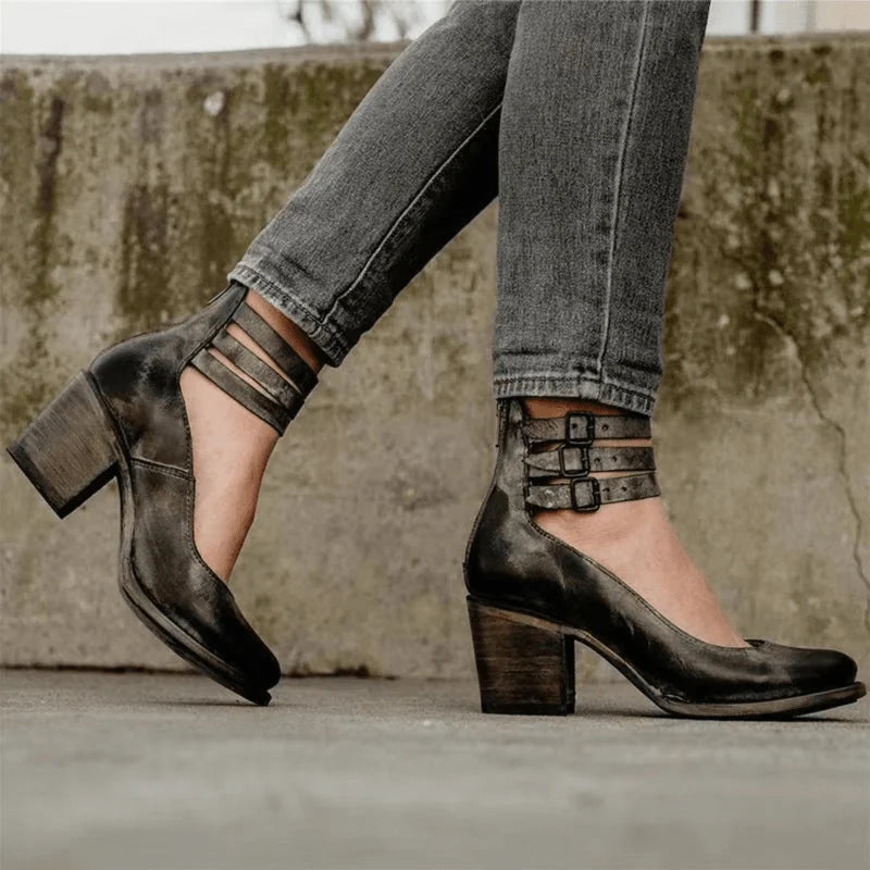 Black Heeled Boots – Double Strap Ankle Block Heel