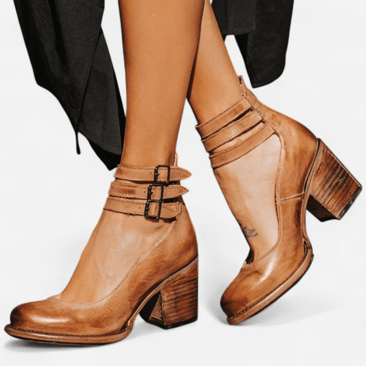 Black Heeled Boots – Double Strap Ankle Block Heel - Brown