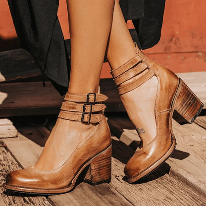 Black Heeled Boots – Double Strap Ankle Block Heel